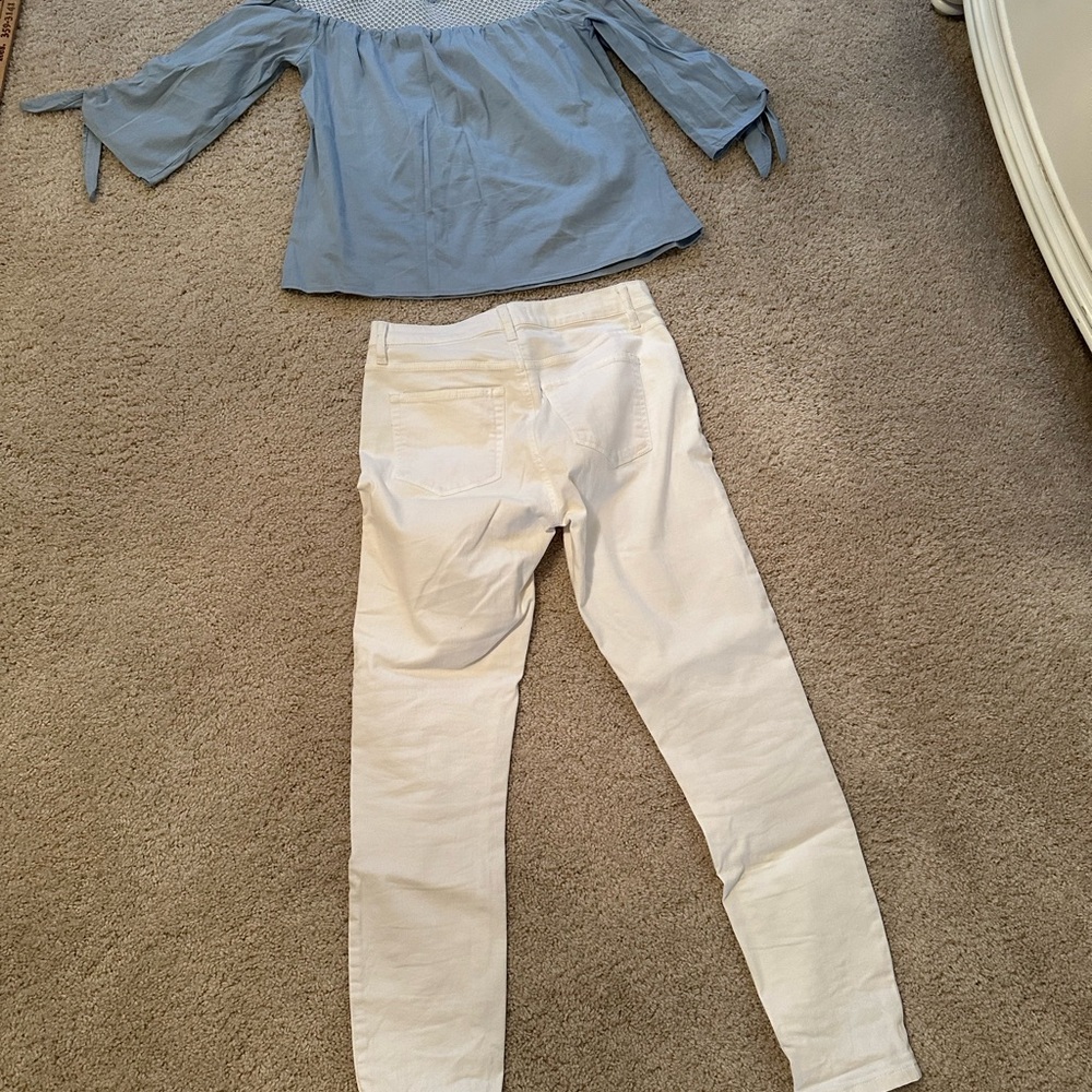 LOFT White High-Rise Skinny Jeans with Light Blue Top Accent